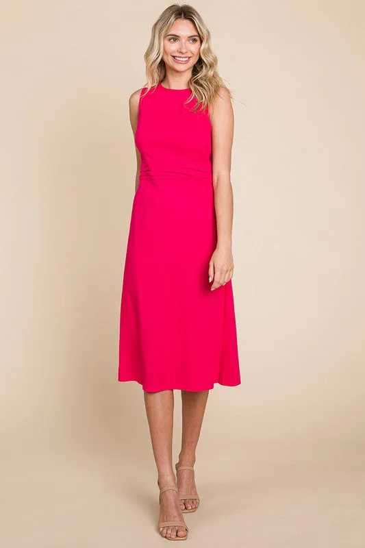 Fuchsia Sleeveless Tied Backless Pleated Midi Linen Dress