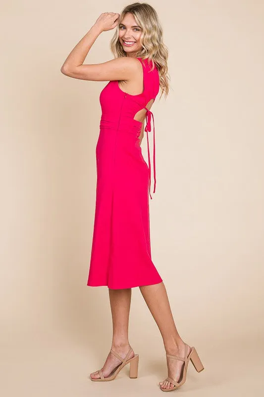 Fuchsia Sleeveless Tied Backless Pleated Midi Linen Dress