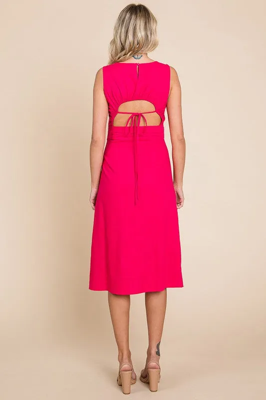 Fuchsia Sleeveless Tied Backless Pleated Midi Linen Dress