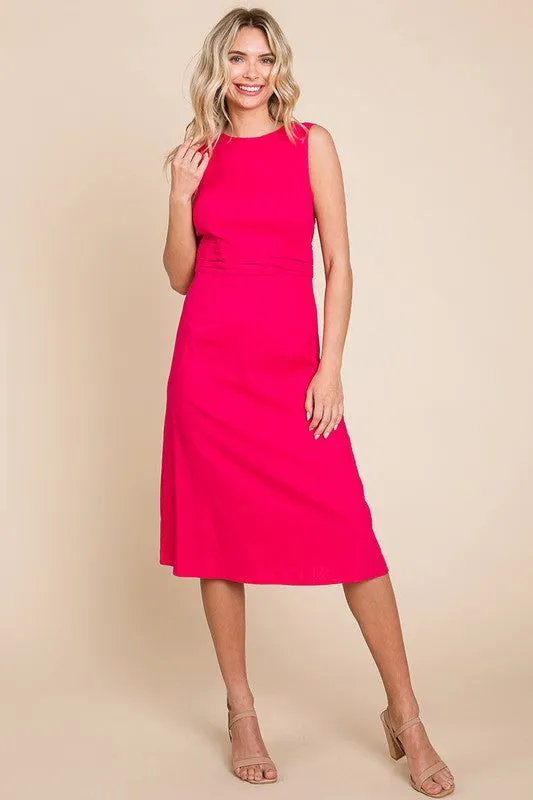 Fuchsia Sleeveless Tied Backless Pleated Midi Linen Dress