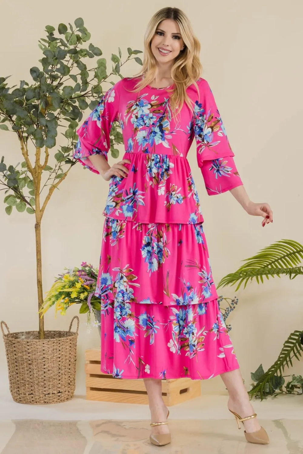 Full Size Floral Ruffle Tiered Midi Dress