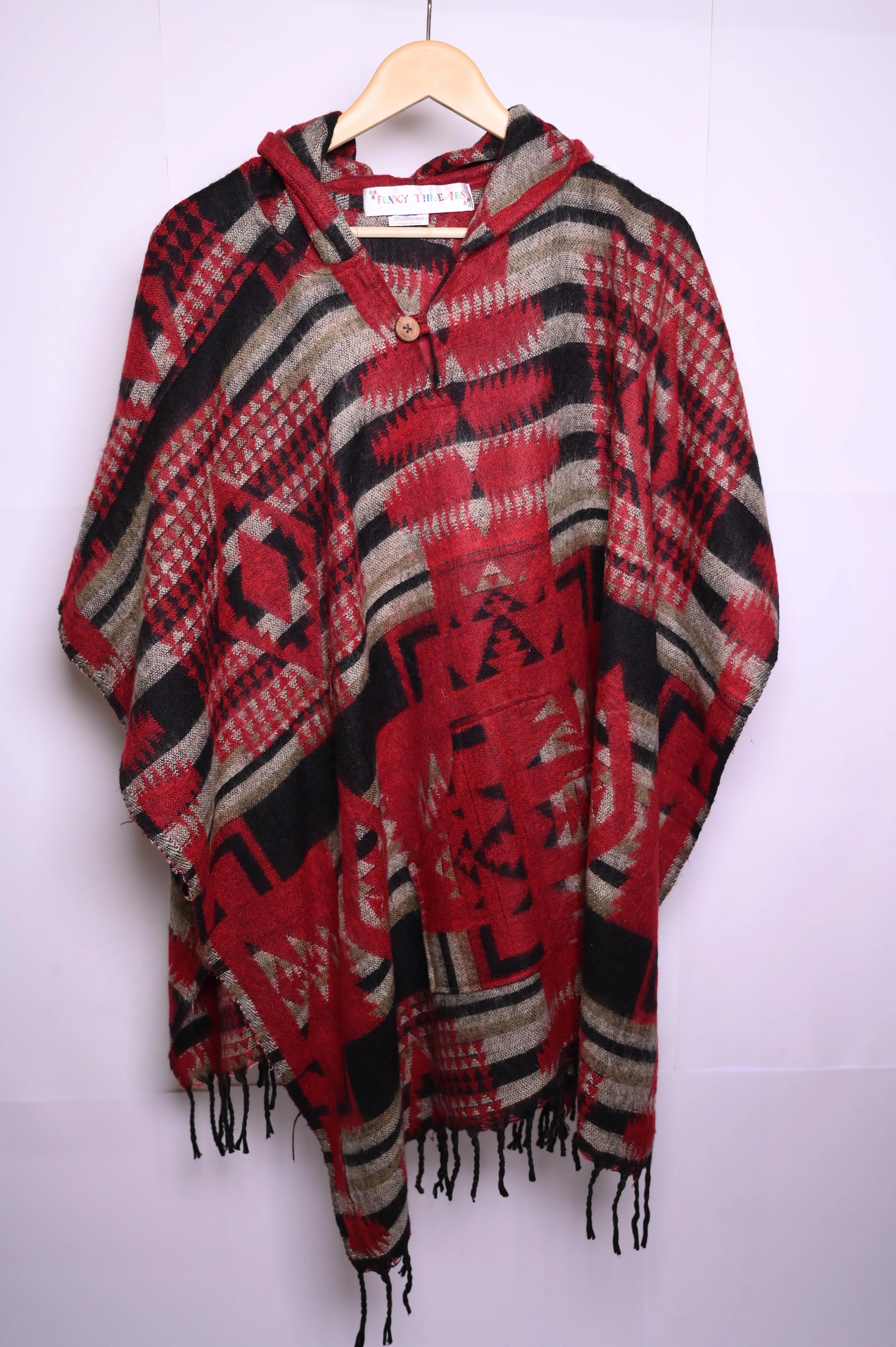 Funky Threads Red & Grey Patterned Winter Cape