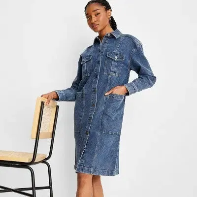 Future Collective with Reese Women's Long Sleeve Button-Up Denim Midi Dress