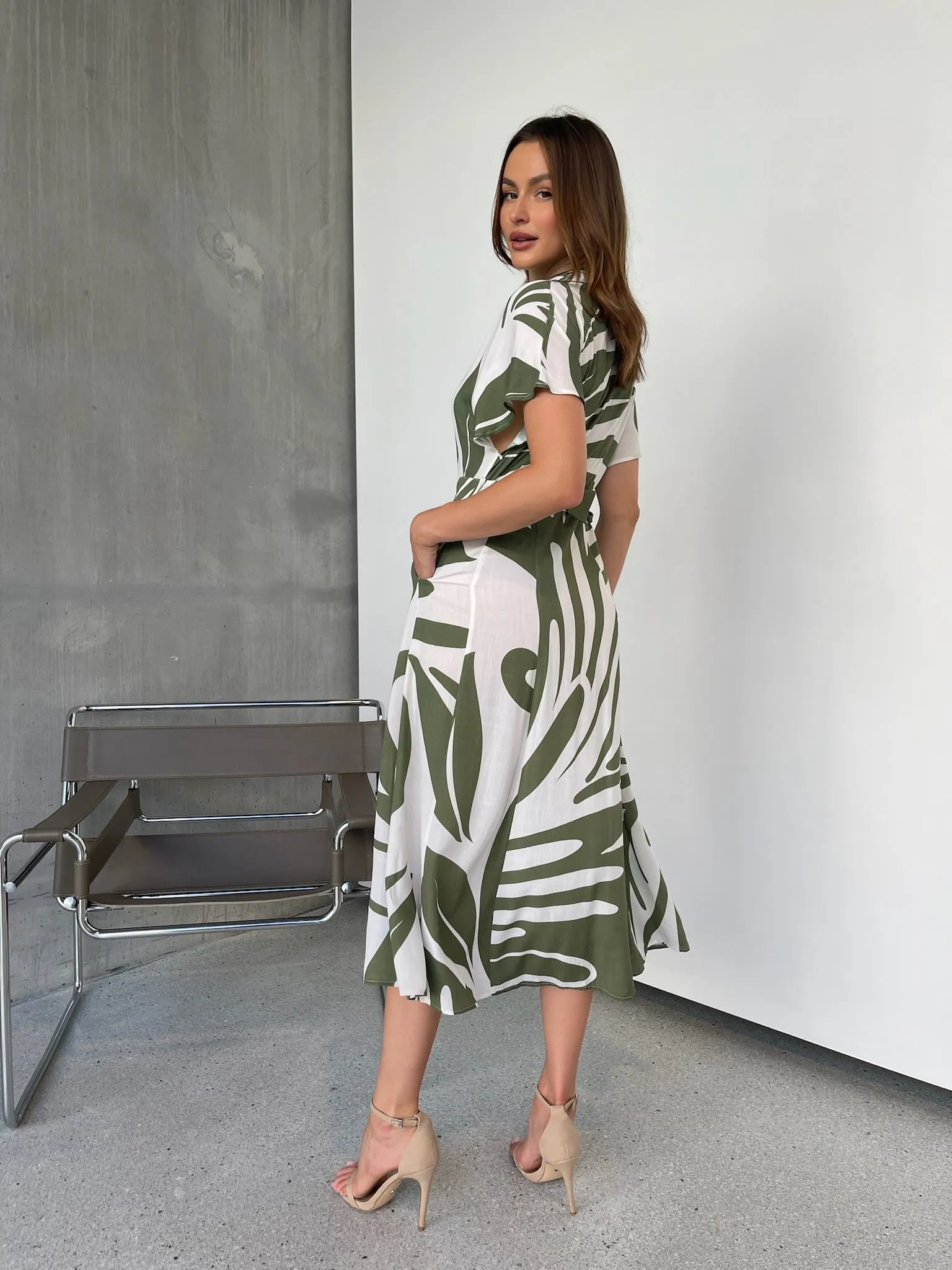 Gertrude Sage/White Abstract Print Button Front Midi Dress