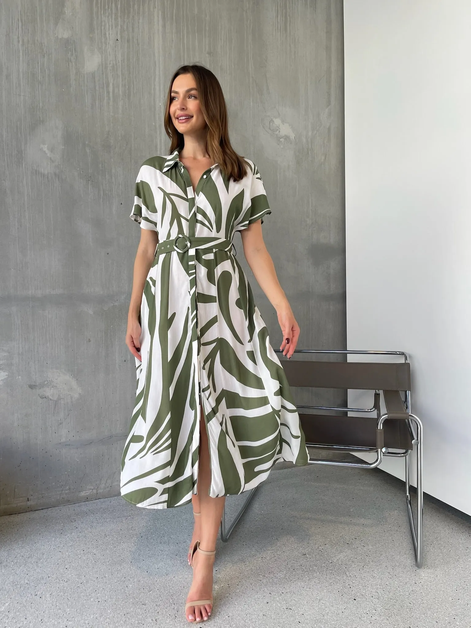 Gertrude Sage/White Abstract Print Button Front Midi Dress