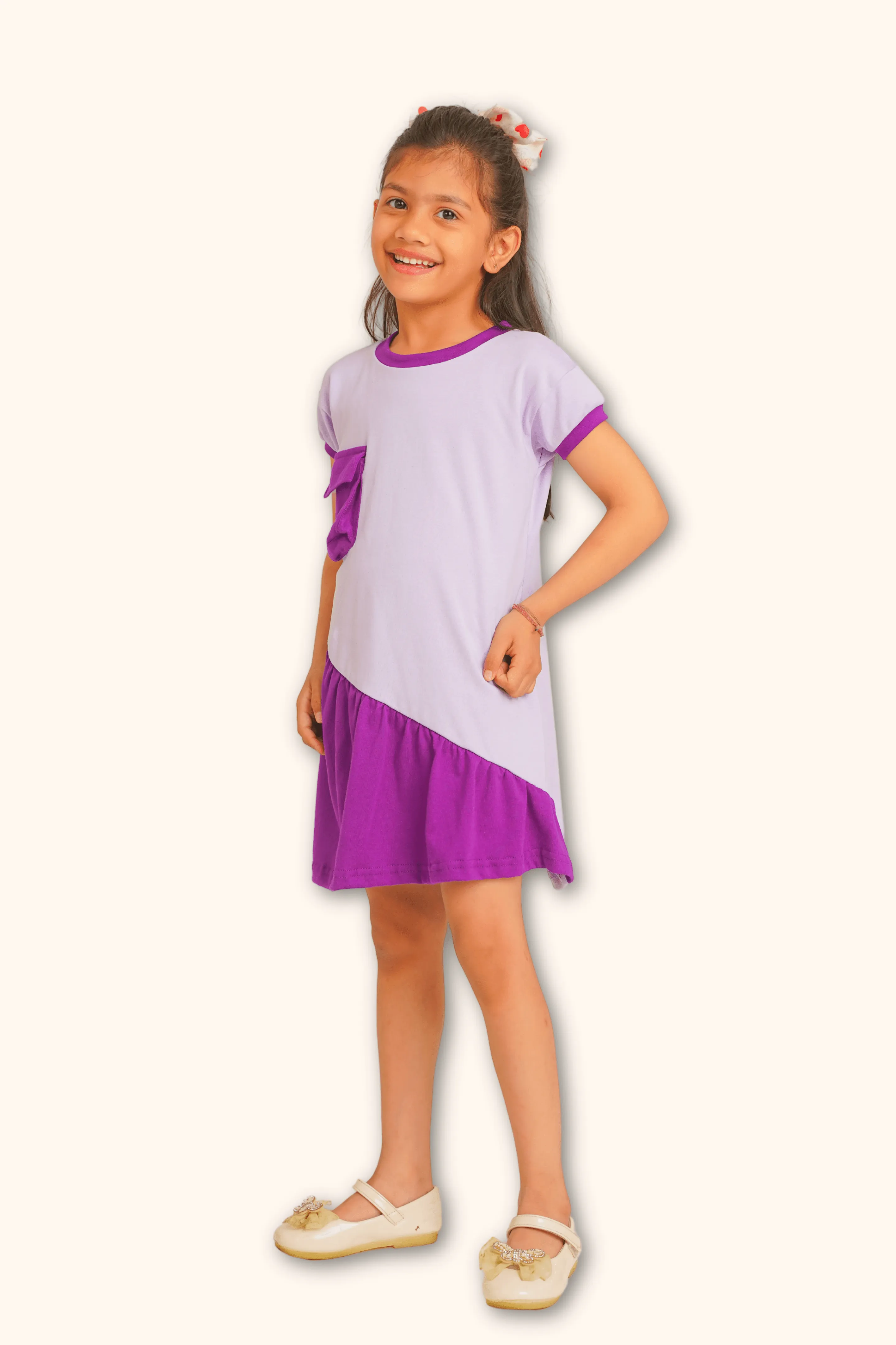 Girls 100% Cotton Knit Lavender Purple Dress with 3D pocket