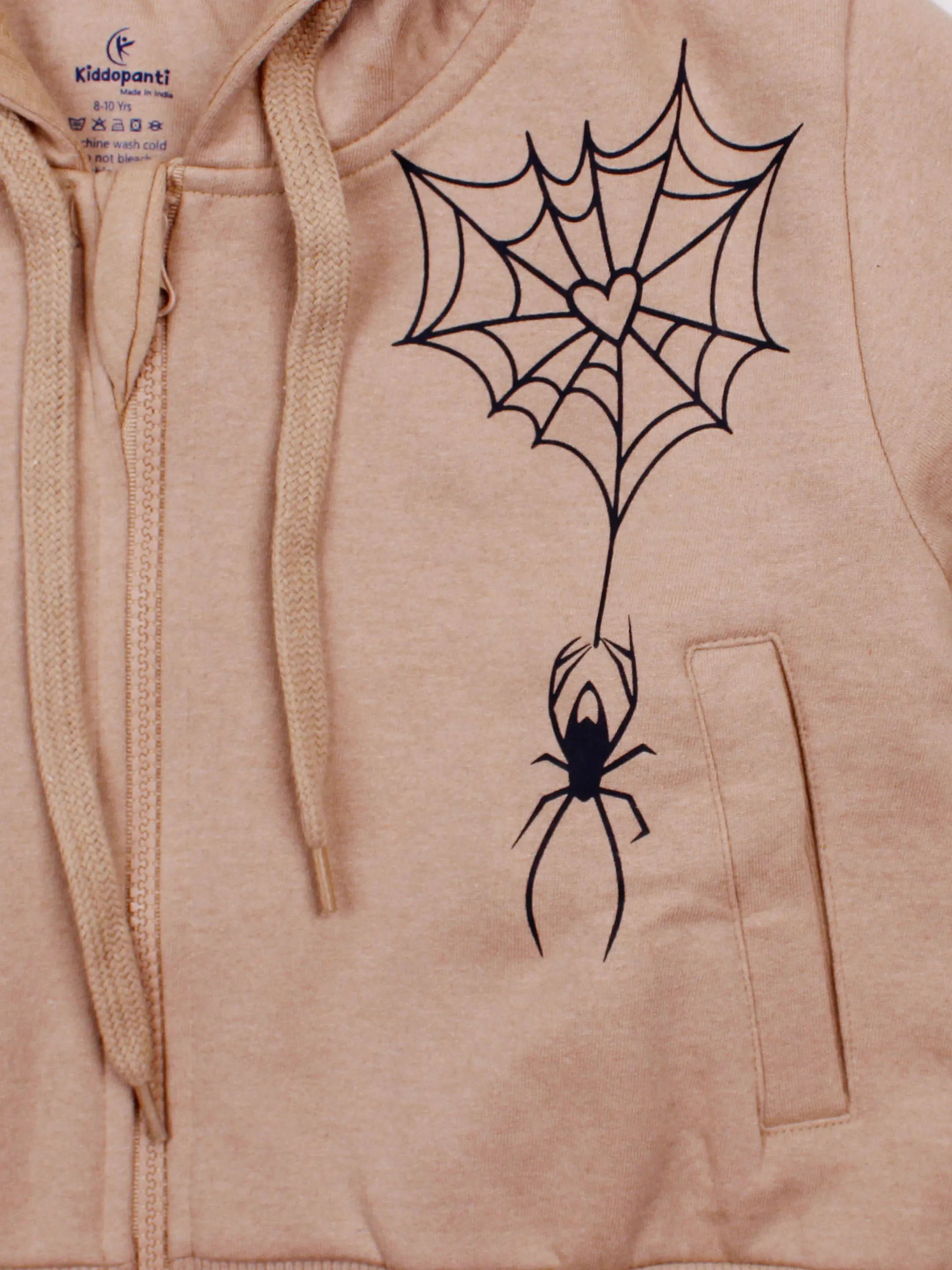 Girls Fleece Full Sleeves Spider Printed Front Zip Opening Crop Length Hooded Sweatshirt