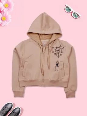 Girls Fleece Full Sleeves Spider Printed Front Zip Opening Crop Length Hooded Sweatshirt