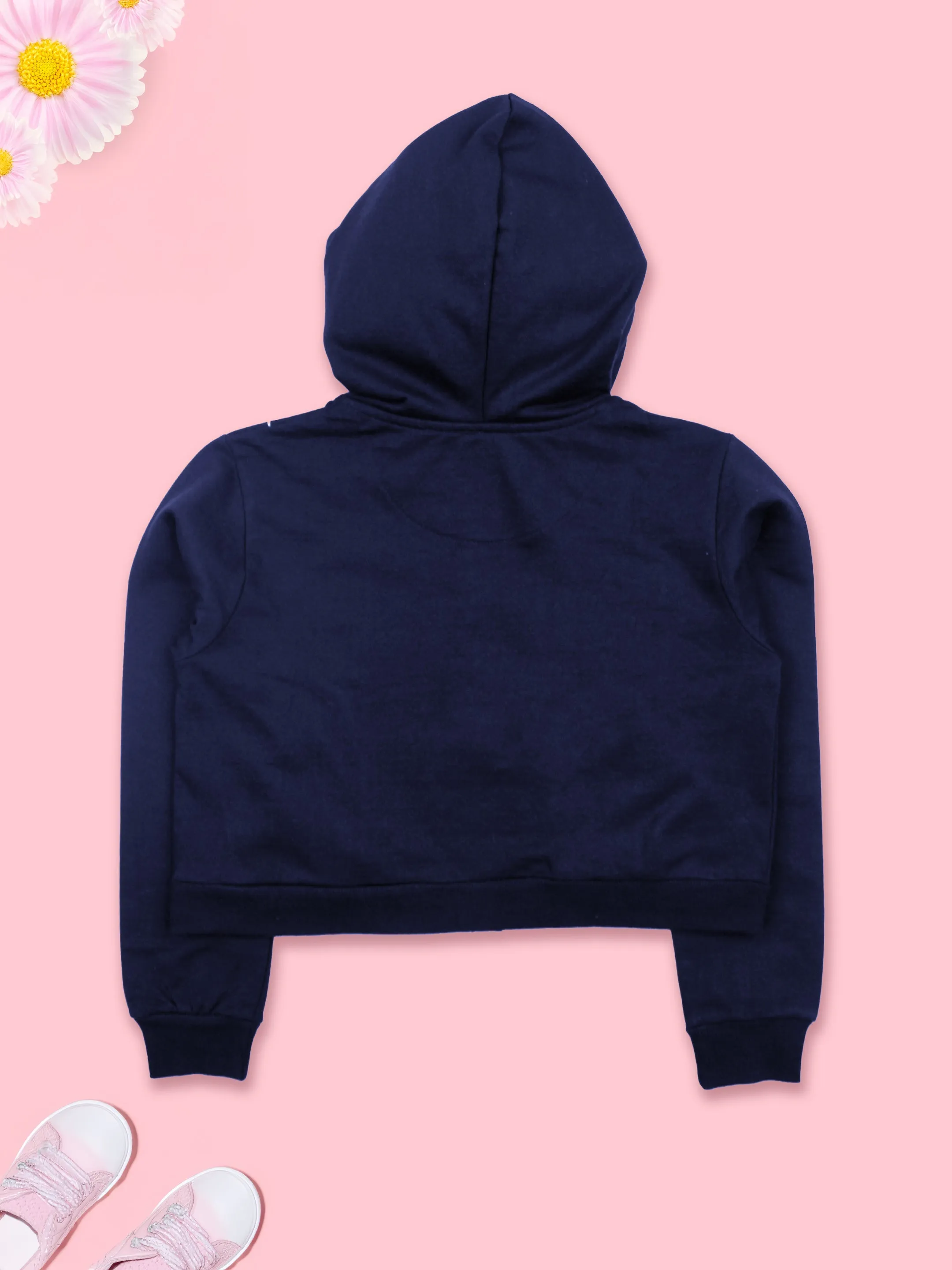 Girls Fleece Full Sleeves Spider Printed Front Zip Opening Crop Length Hooded Sweatshirt