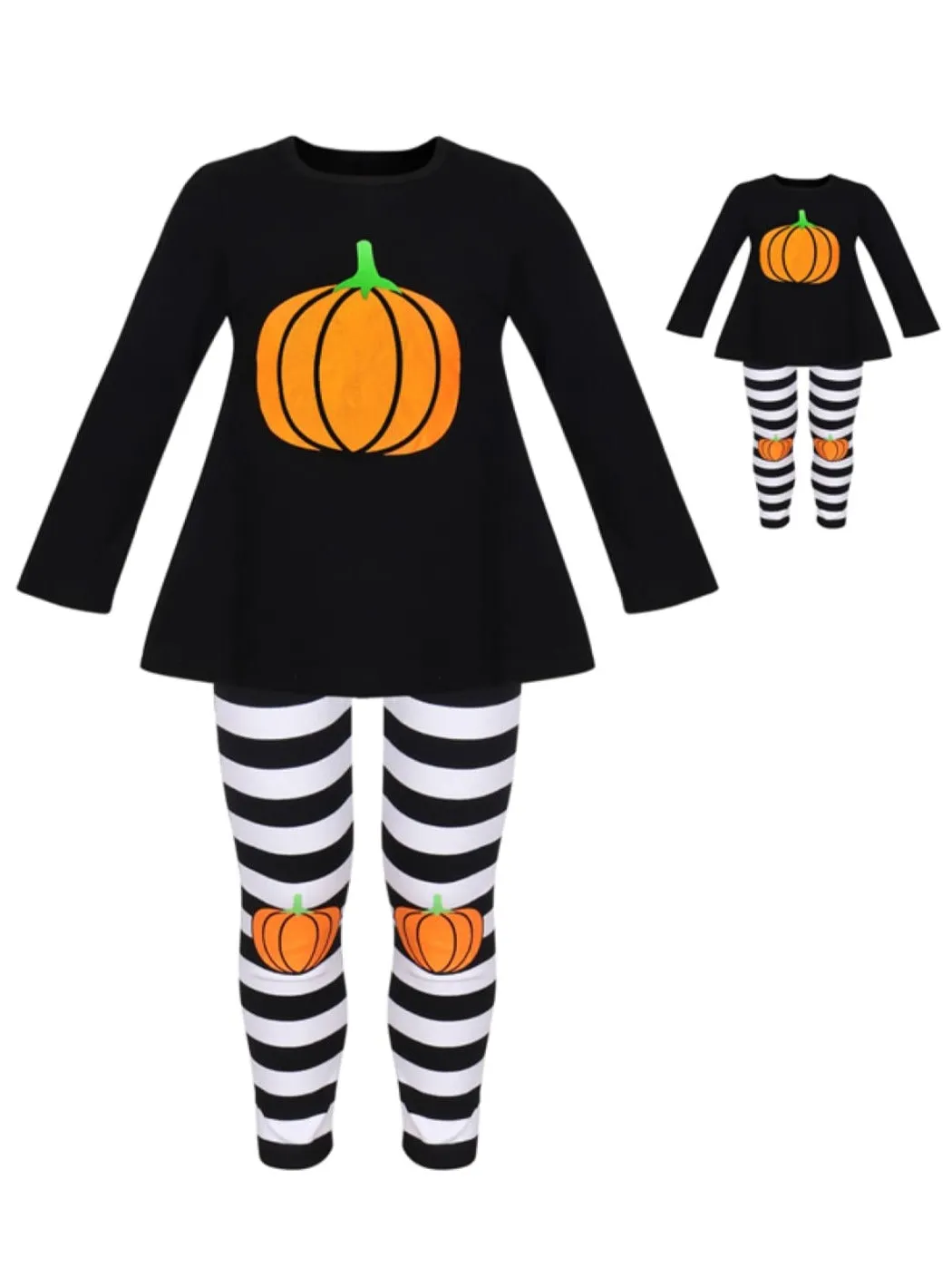 Girls Halloween Themed Long Sleeve Pumpkin Top And Striped Legging Set with Matching Doll Set