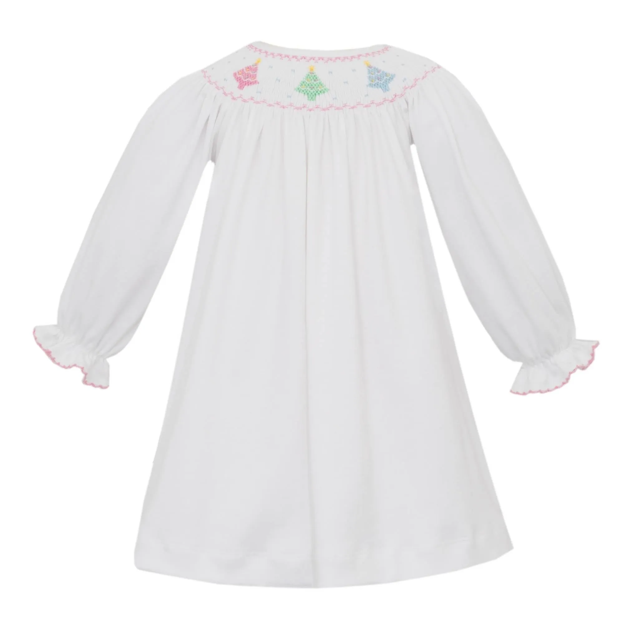 Girls Knit Bishop Dress with Smocked Pastel Christmas Trees - FINAL SALE