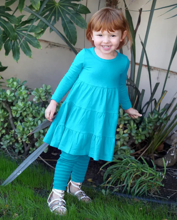 Girls Soft Cotton Jersey Long Sleeve Tiered Dress | Teal