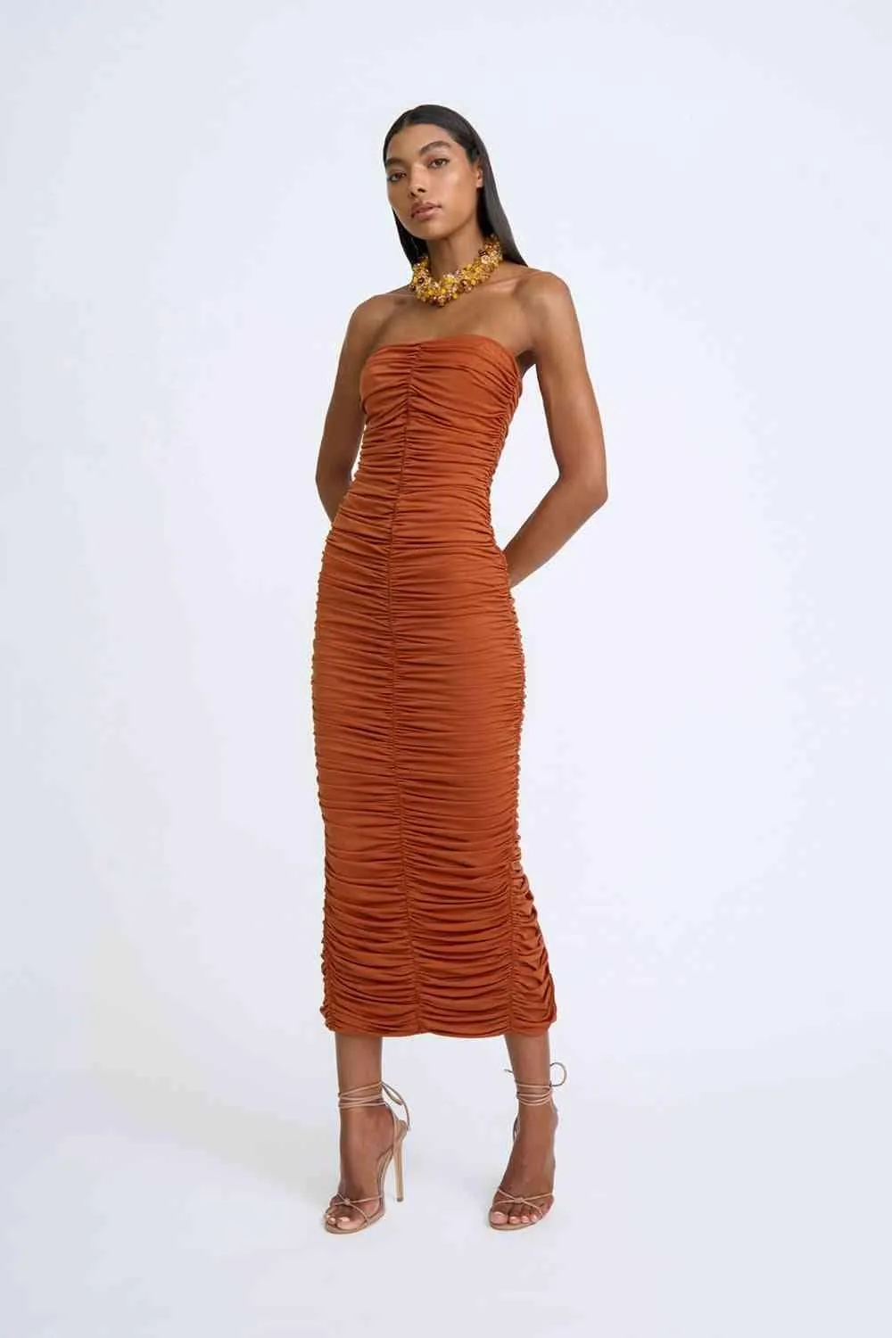 Gloria Gathered Strapless Midi Dress