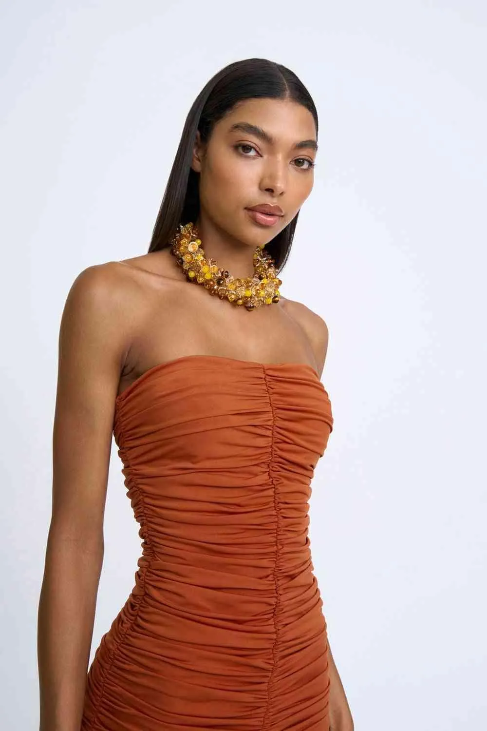 Gloria Gathered Strapless Midi Dress