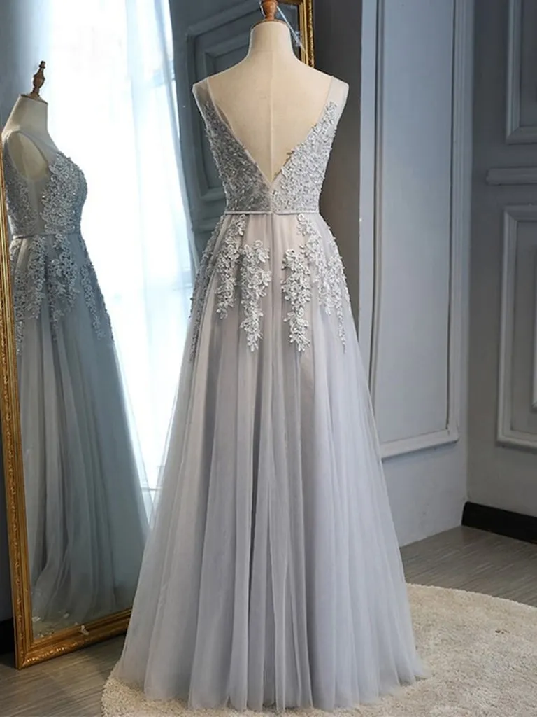 Gray Tulle with Lace Long Prom Dresses, A-line Floor Length Gray Evening Dresses, Gray Bridesmaid Dresses