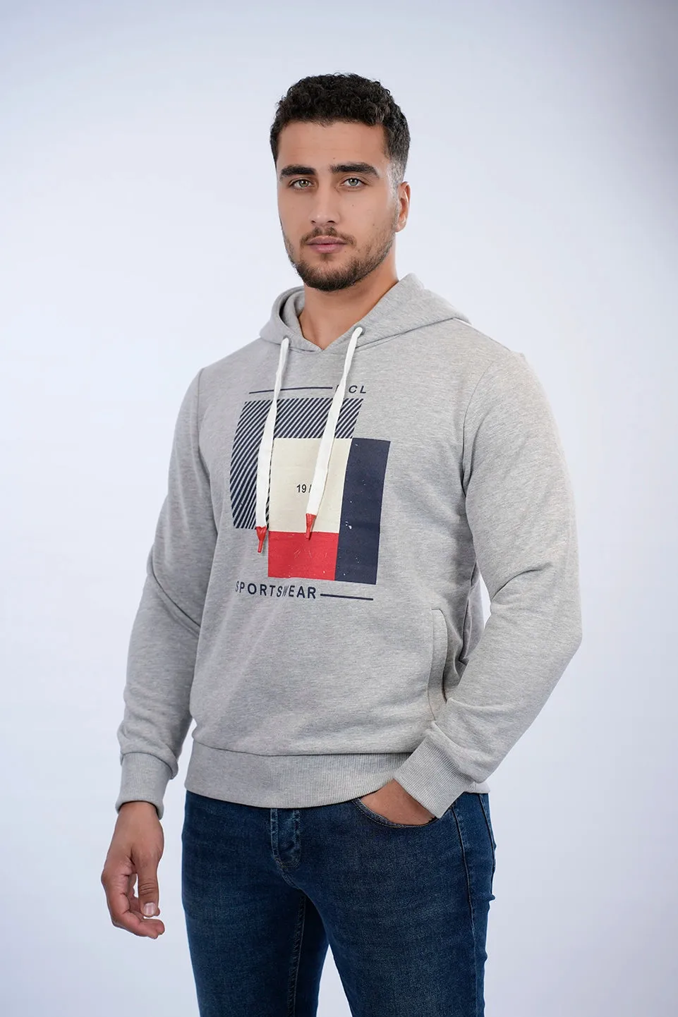 Grey Casual Hoodie With Front Design