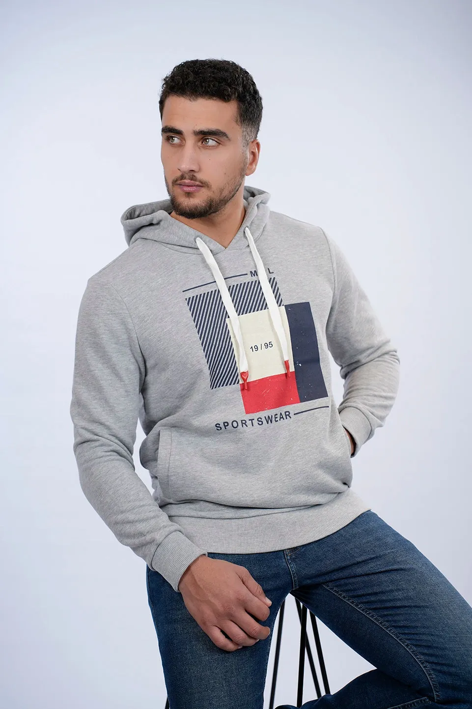 Grey Casual Hoodie With Front Design