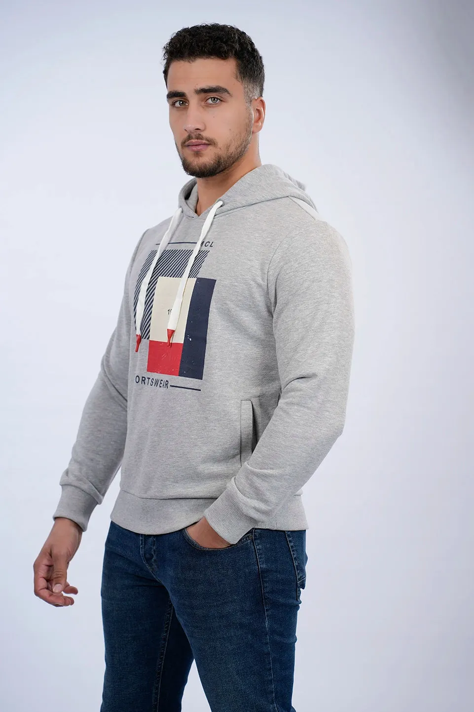 Grey Casual Hoodie With Front Design