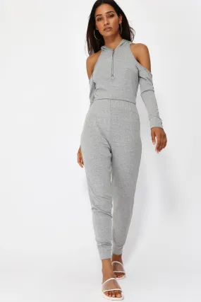 Grey Cold Shoulder Hoodie Jumpsuit