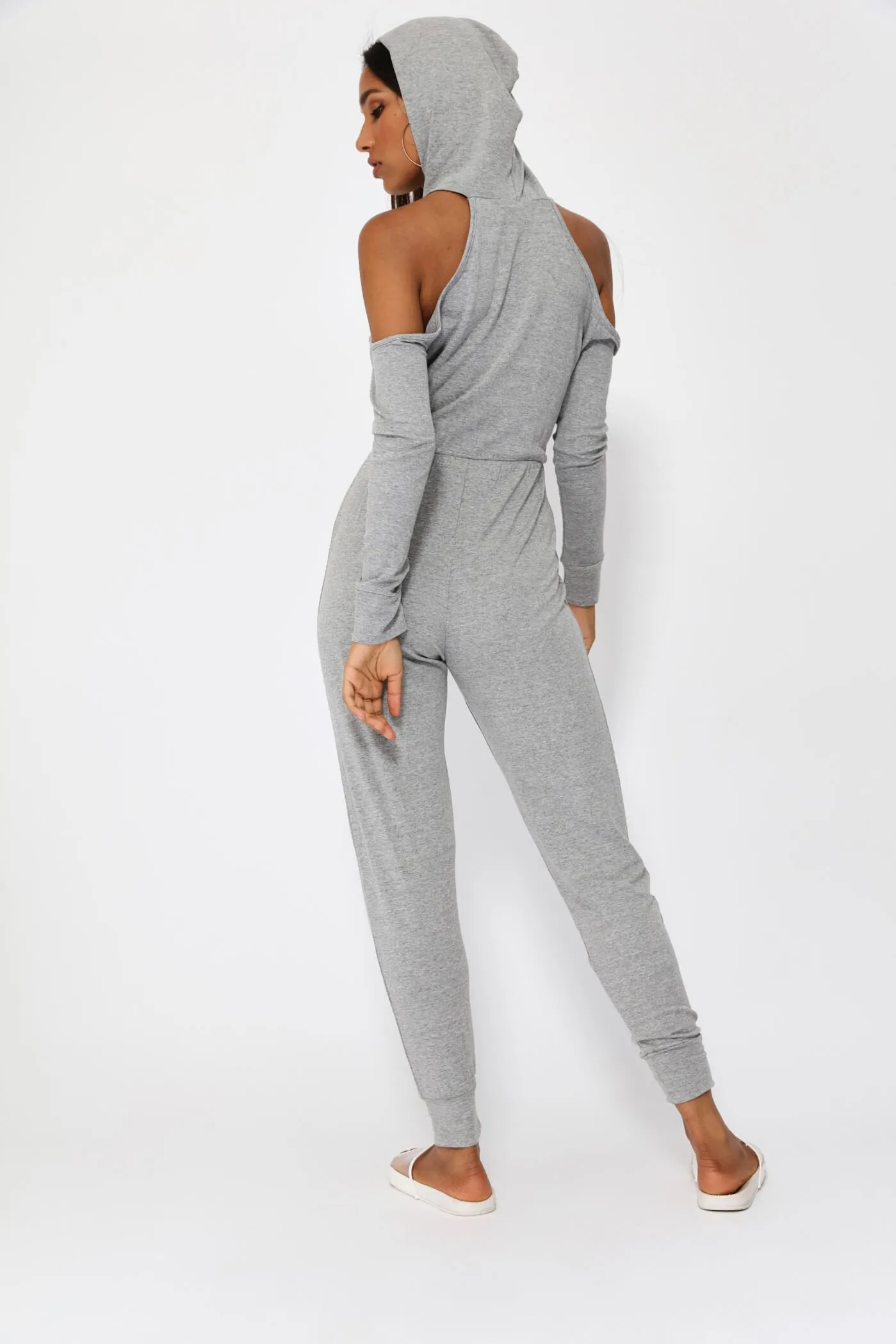 Grey Cold Shoulder Hoodie Jumpsuit