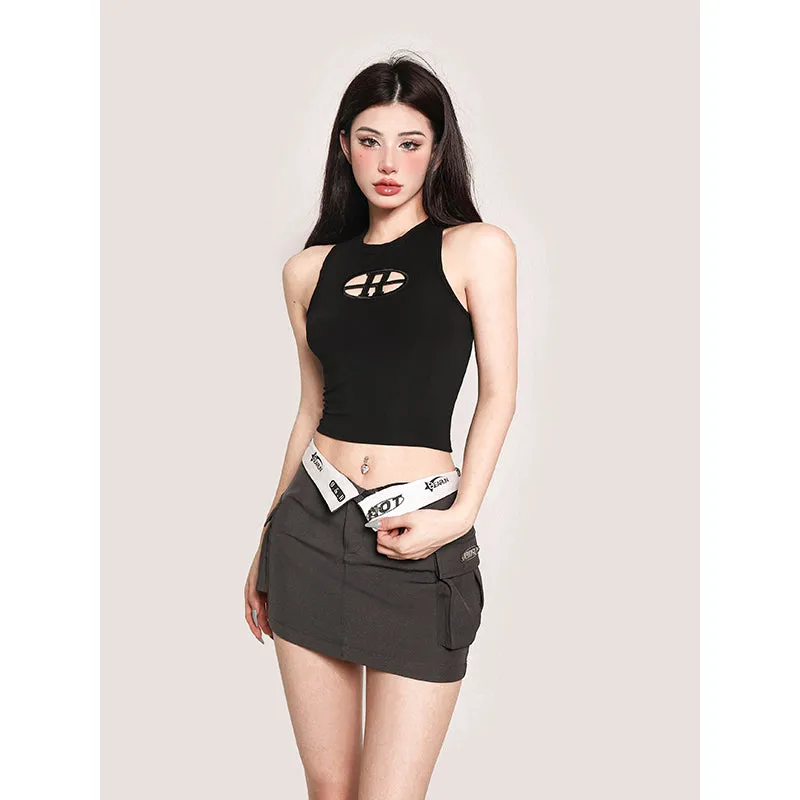 Helena Solid Color Colored Metallic Design Sleeveless Slim Cropped Top