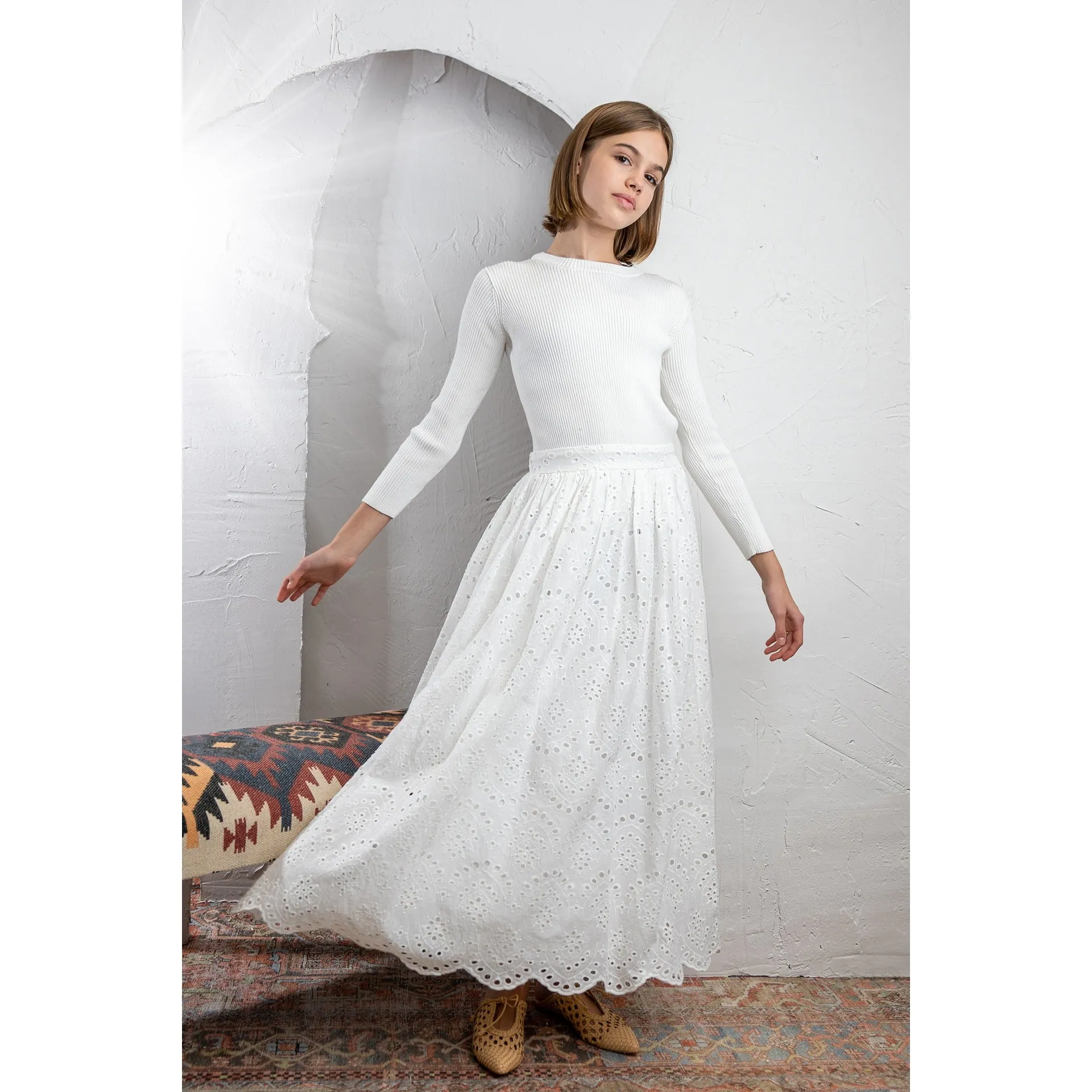 Hev White Knit To Eyelet Dress