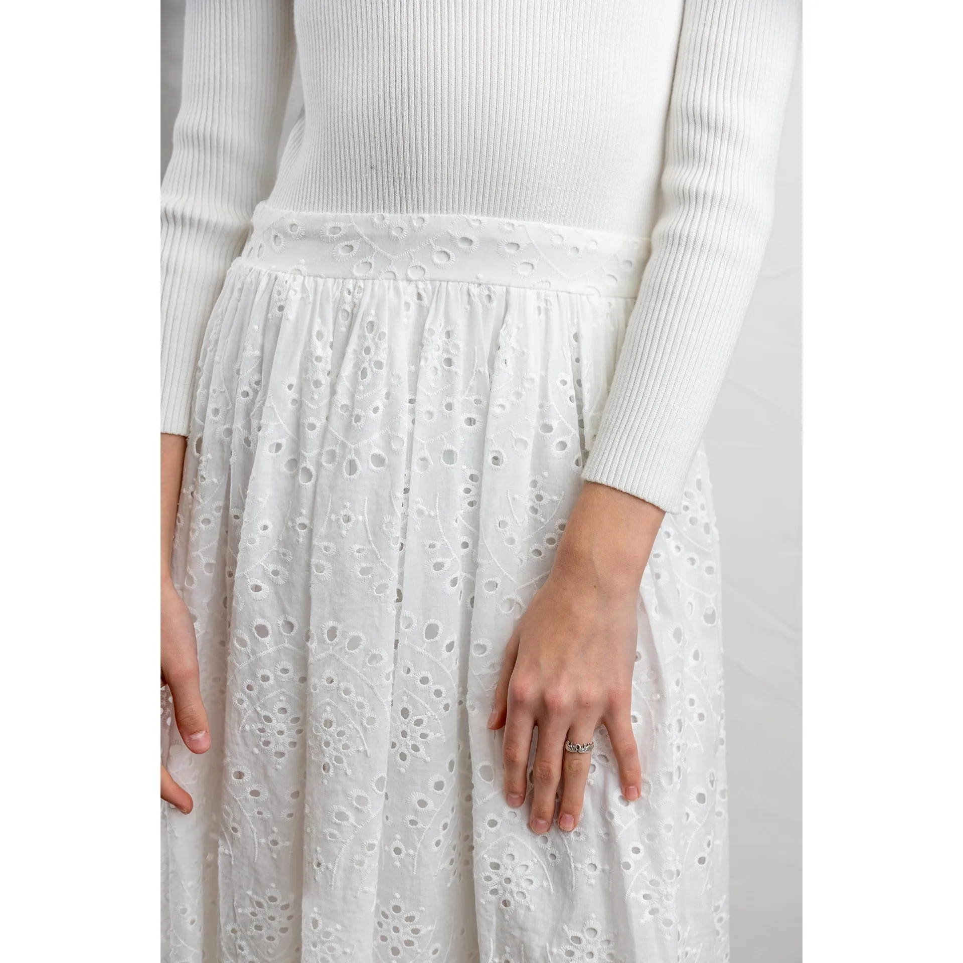 Hev White Knit To Eyelet Dress