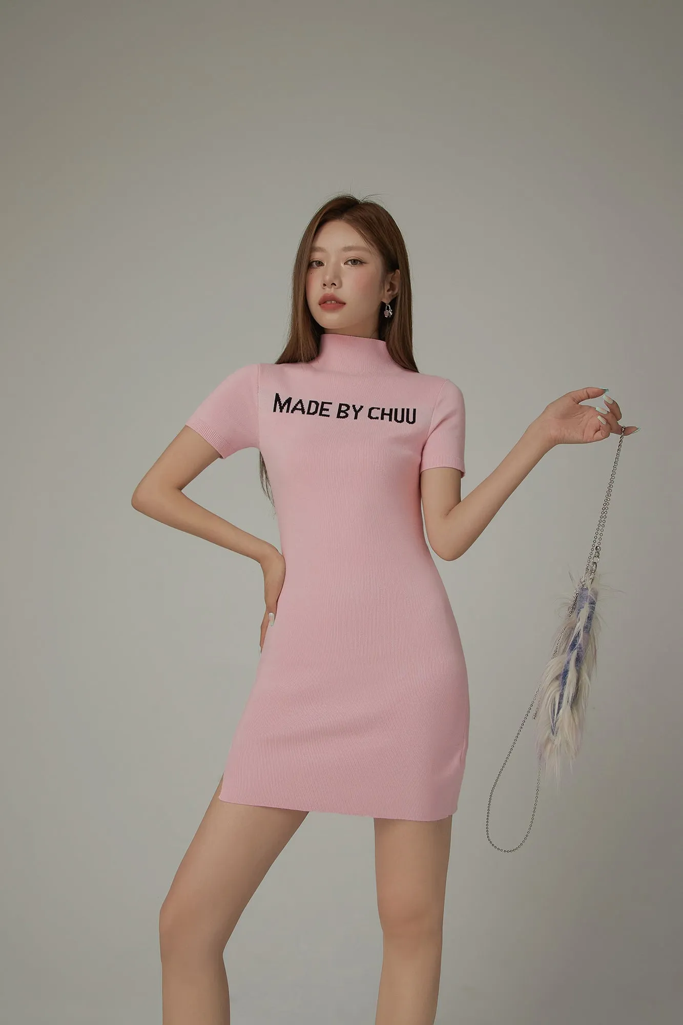 High Neck Logo Knit Mini Dress