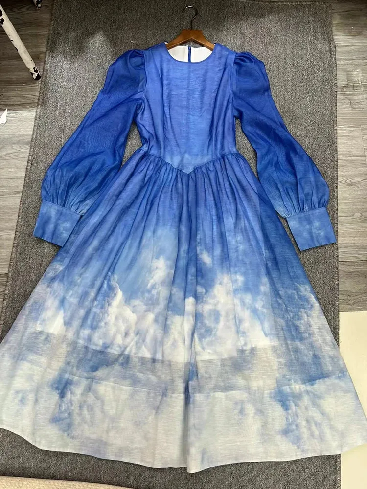 Hit Color Chic Tie Dye Long Dresses For Women Round Neck Lantern Sleeve High Waist Elegant Dress Female Fashion Style New