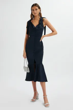 INDIE Satin Cowl Neck Micro Button Longline Midi Dress In Navy