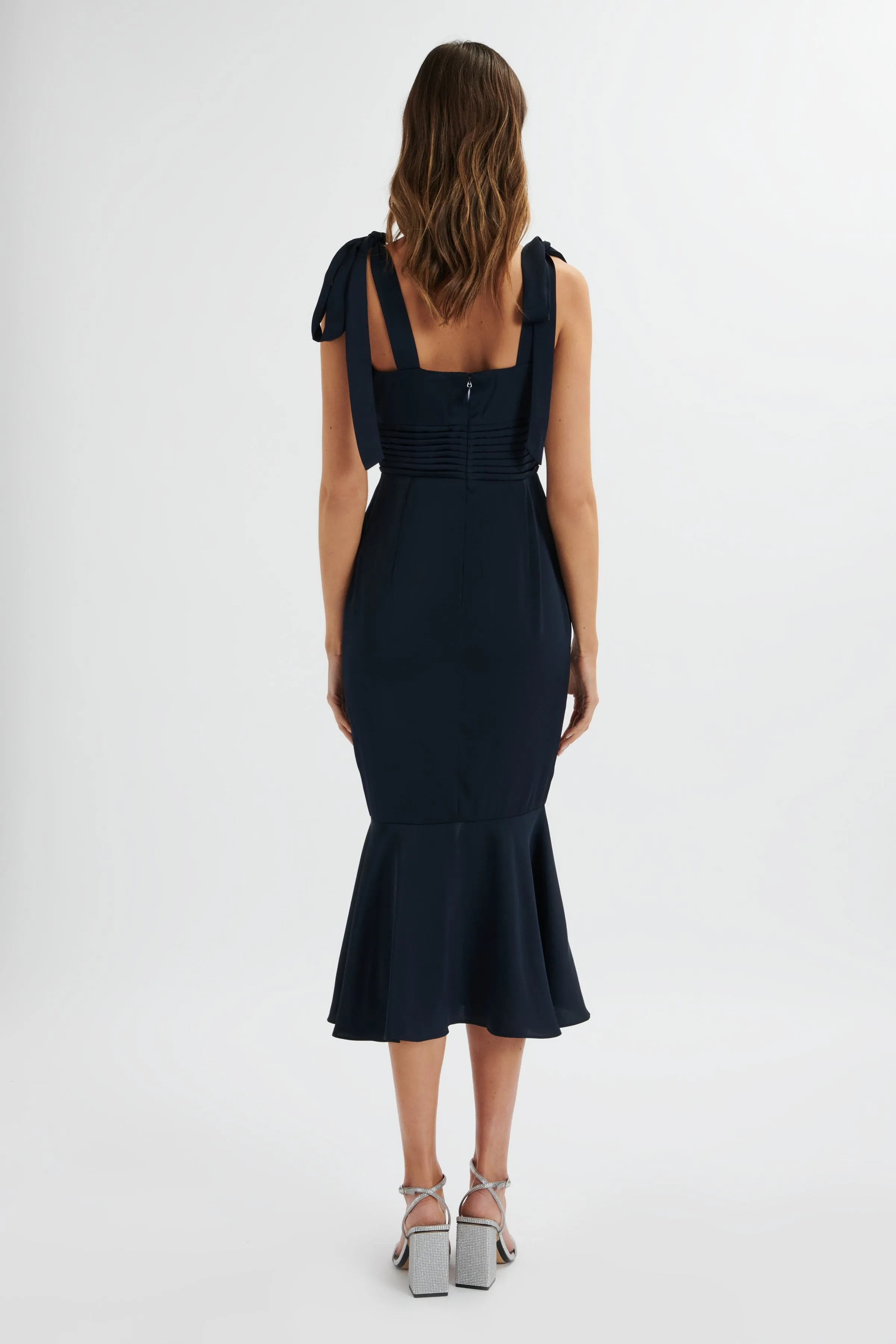 INDIE Satin Cowl Neck Micro Button Longline Midi Dress In Navy