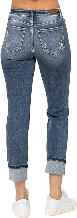 Judy Blue Destroyed Mid Rise Cuffed Boyfriend Jeans in Medium