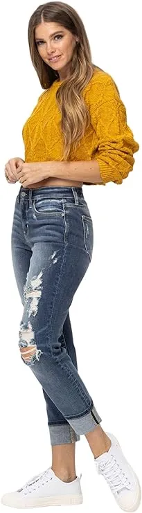 Judy Blue Destroyed Mid Rise Cuffed Boyfriend Jeans in Medium