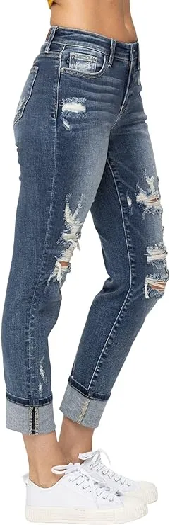 Judy Blue Destroyed Mid Rise Cuffed Boyfriend Jeans in Medium