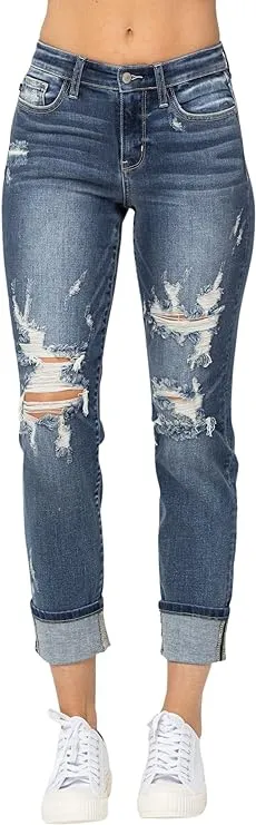 Judy Blue Destroyed Mid Rise Cuffed Boyfriend Jeans in Medium