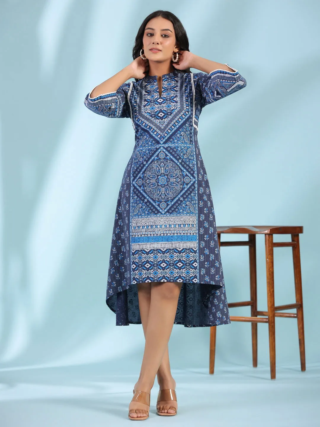 Juniper Blue Geometric Printed Pure Cotton Asymmetric Midi Dress With Lace Work