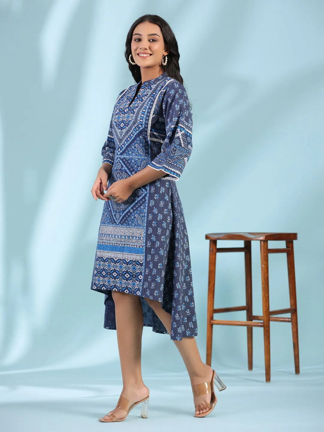 Juniper Blue Geometric Printed Pure Cotton Asymmetric Midi Dress With Lace Work