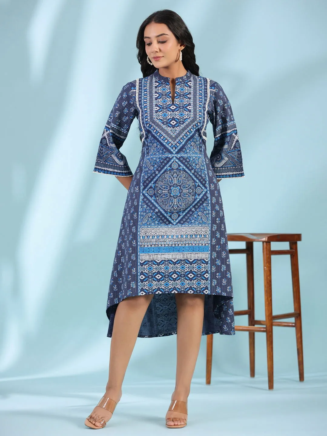 Juniper Blue Geometric Printed Pure Cotton Asymmetric Midi Dress With Lace Work