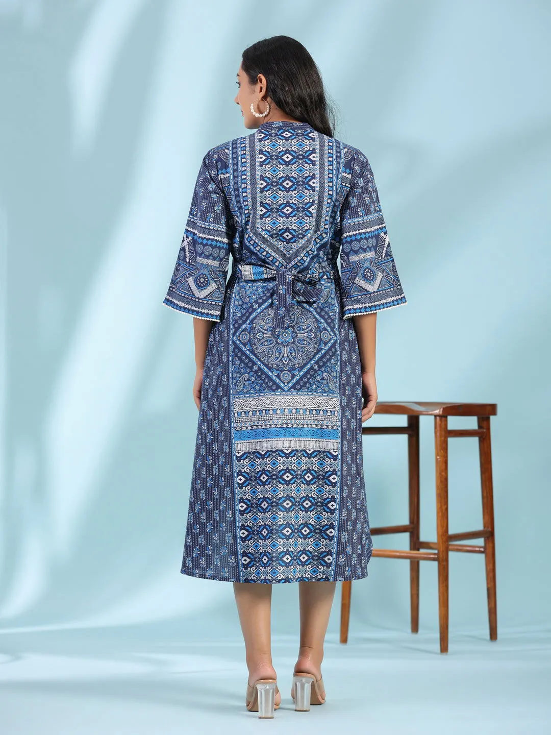 Juniper Blue Geometric Printed Pure Cotton Asymmetric Midi Dress With Lace Work