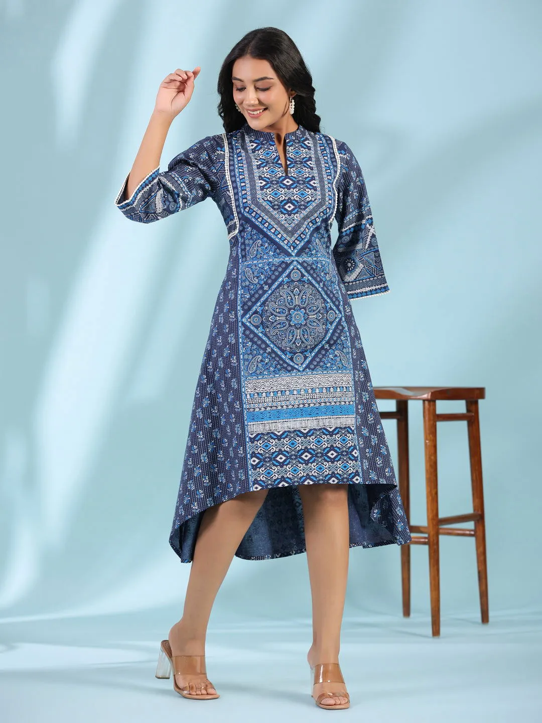 Juniper Blue Geometric Printed Pure Cotton Asymmetric Midi Dress With Lace Work