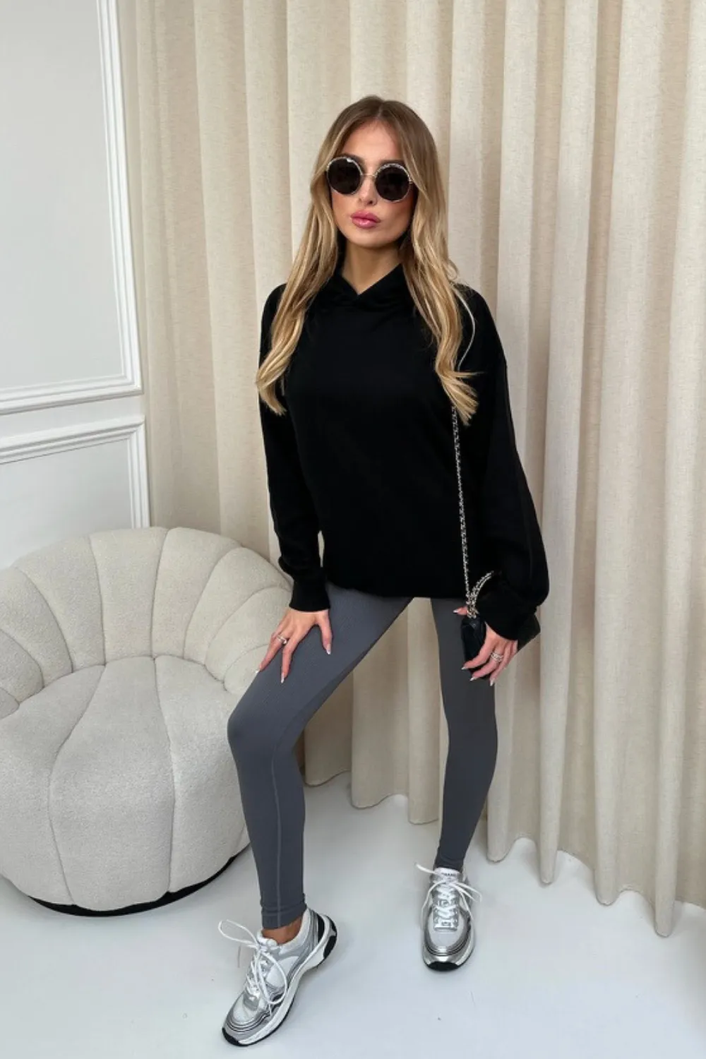 Kendall black hoodie and steel grey ribbed legging set