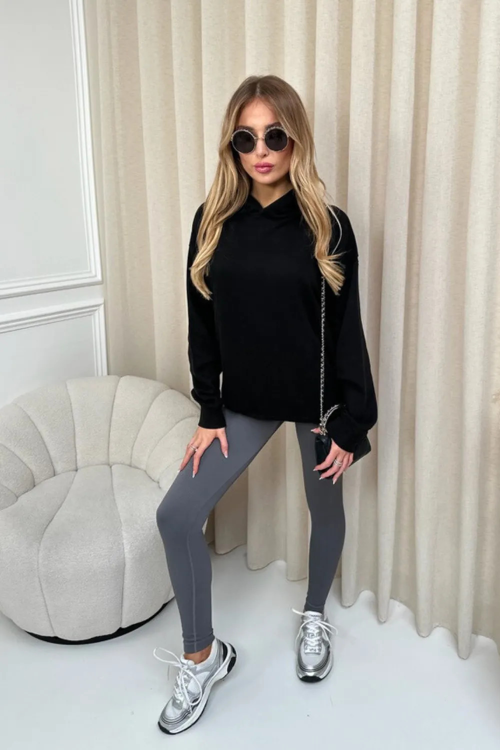 Kendall black hoodie and steel grey ribbed legging set