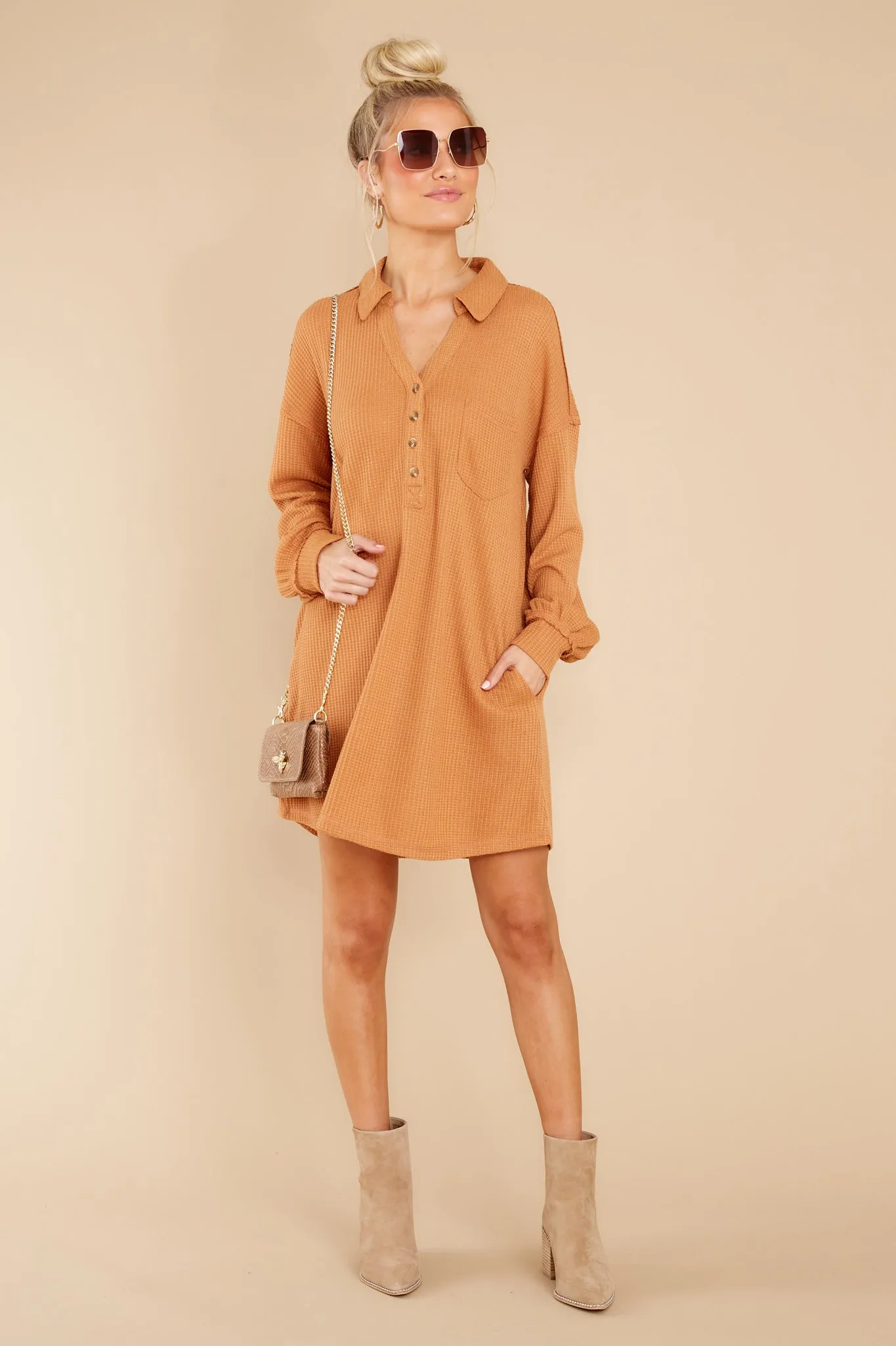 Know Your Worth Camel Waffle Knit Dress