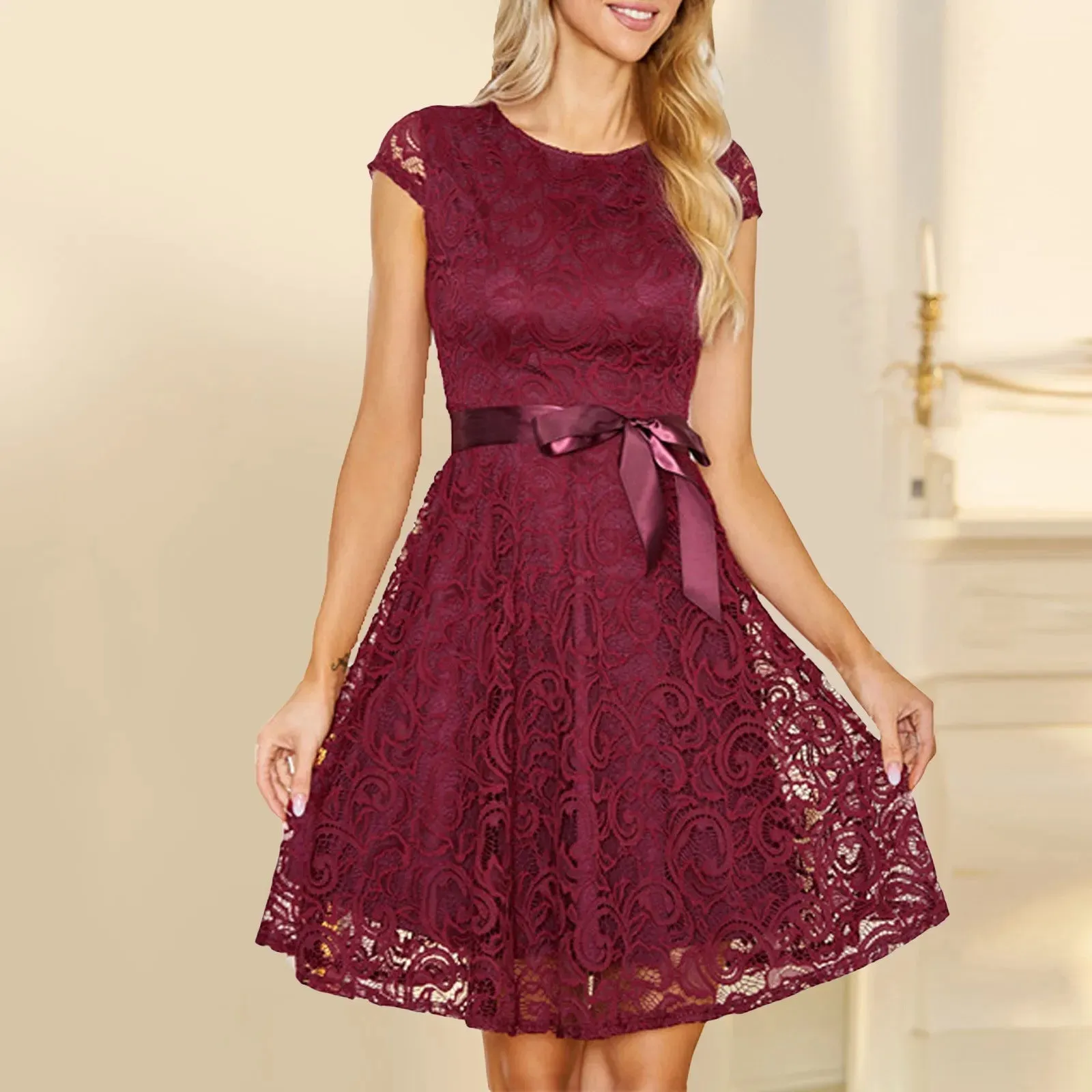 Lace Evening Floral Cocktail Banquet Long Formal Vintage Swing Midi Elegant Dress