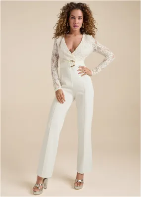 Lace V-Neck Belted Jumpsuit - White