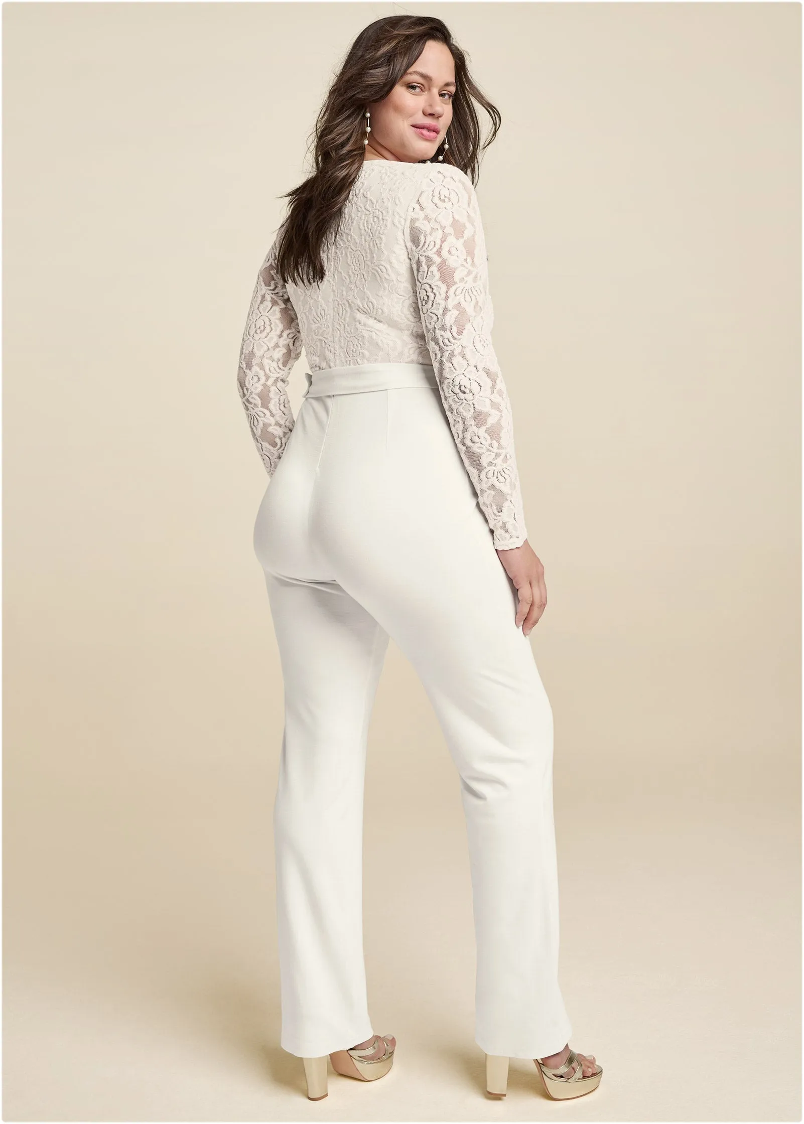 Lace V-Neck Belted Jumpsuit - White