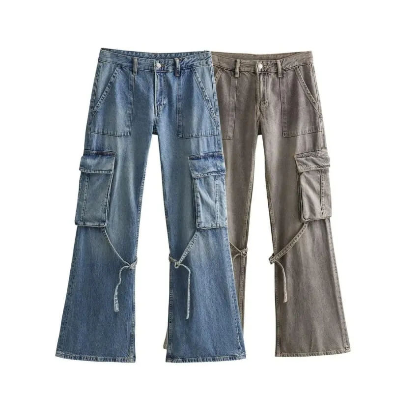 Ladies Casual High Waist Denim Wide Leg Cargo Pants in Blue and Khaki