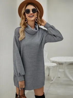 Lantern Sleeve Drop Shoulder Turtleneck Jumper Dress