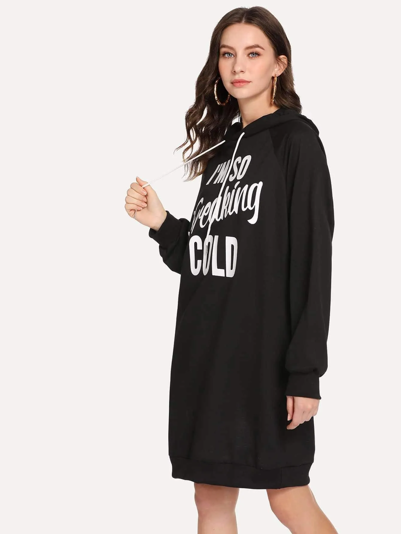 Letter Print Drawstring Detail Hooded Sweat Dress