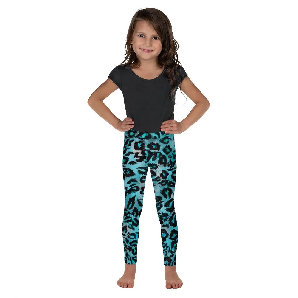 Light Blue Leopard Kid's Leggings, Animal Print Unisex Kid's Leggings Workout Comfy Pants- Made in USA/EU